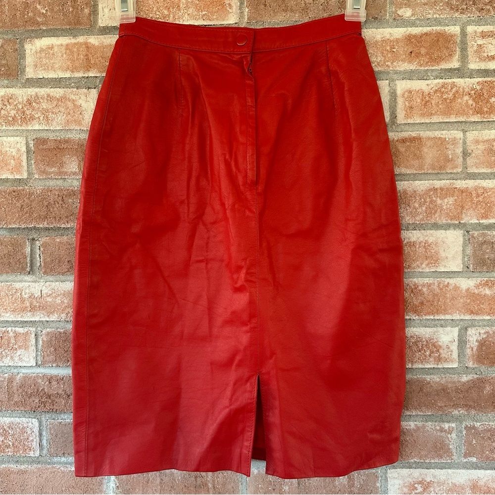 Vintage Red Leather Skirt Jonathon Paris Knee Length Womens 5 / 6 90s Front Slit